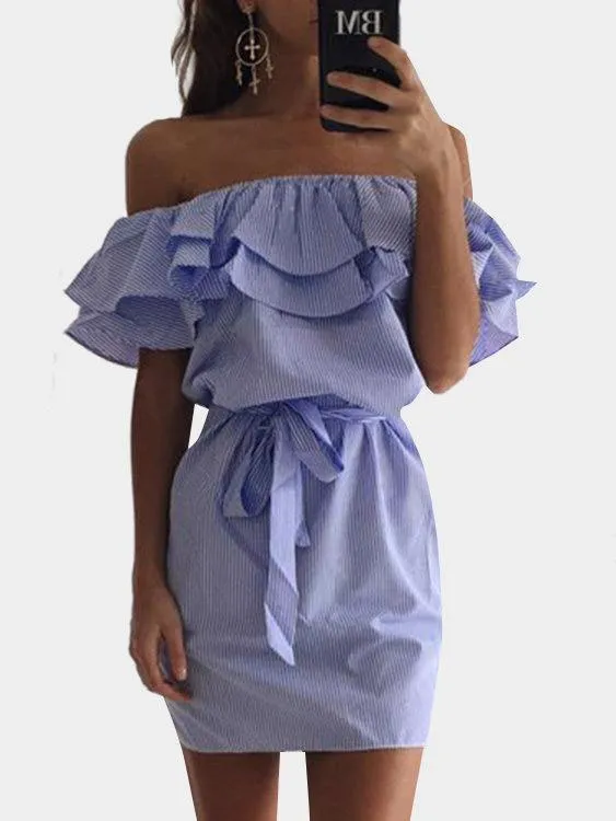 Wholesale Blue Off The Shoulder Short Sleeve Stripe Self-Tie Dresses