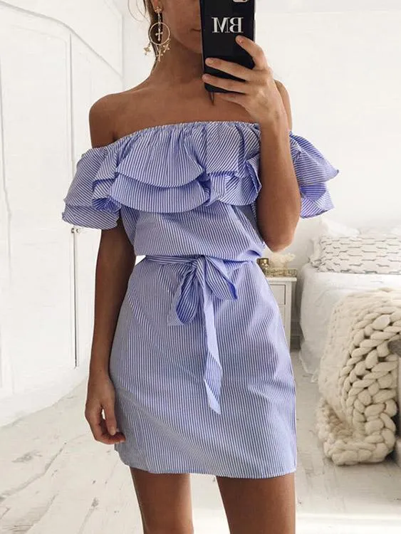 Wholesale Blue Off The Shoulder Short Sleeve Stripe Self-Tie Dresses