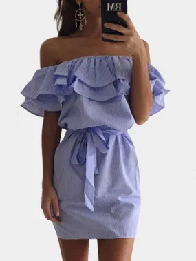 Wholesale Blue Off The Shoulder Short Sleeve Stripe Self-Tie Dresses