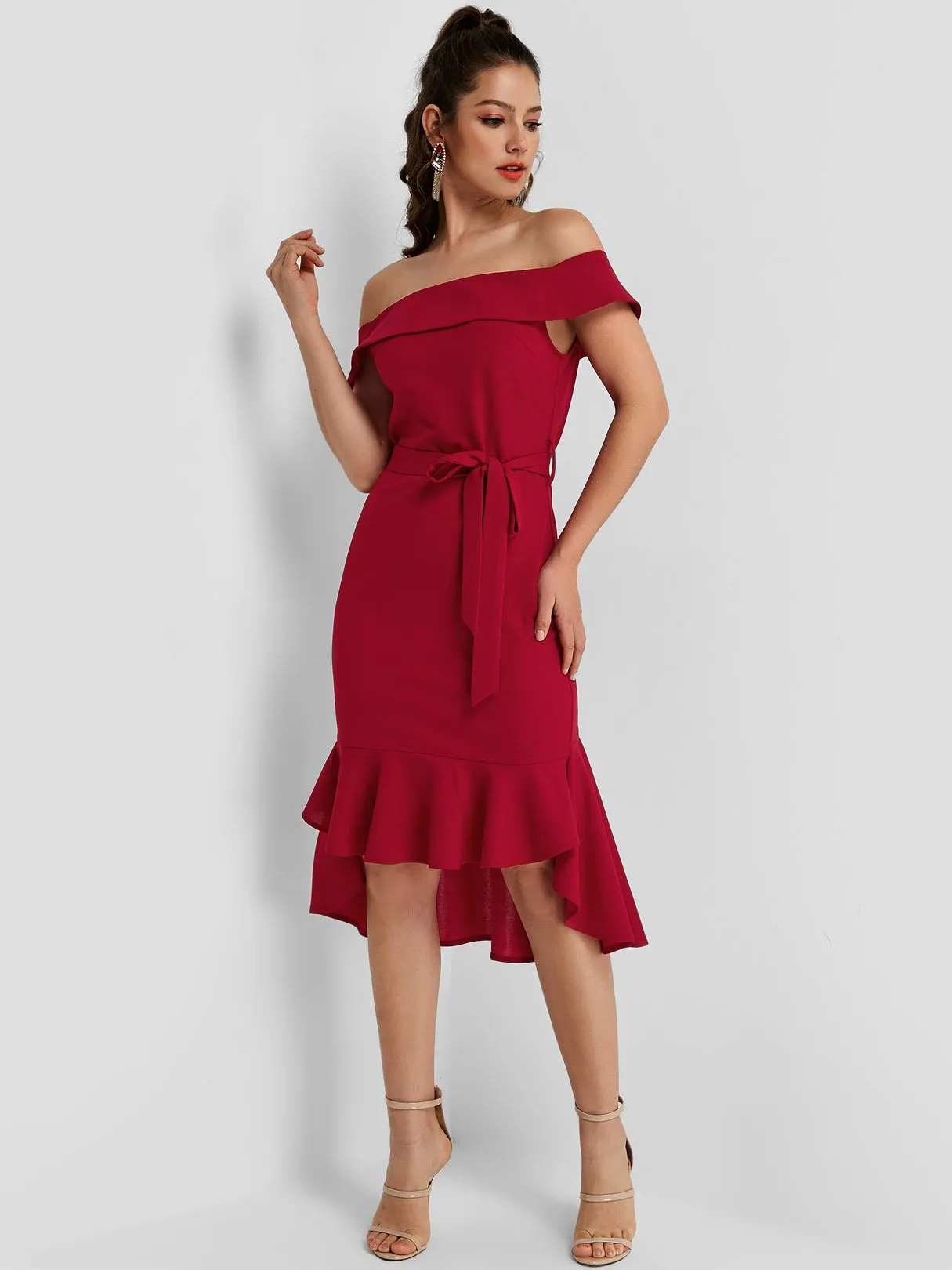 Wholesale Burgundy Off The Shoulder Belt Flounced Hem Dresses