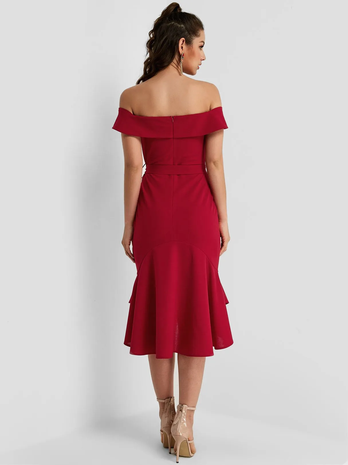 Wholesale Burgundy Off The Shoulder Belt Flounced Hem Dresses