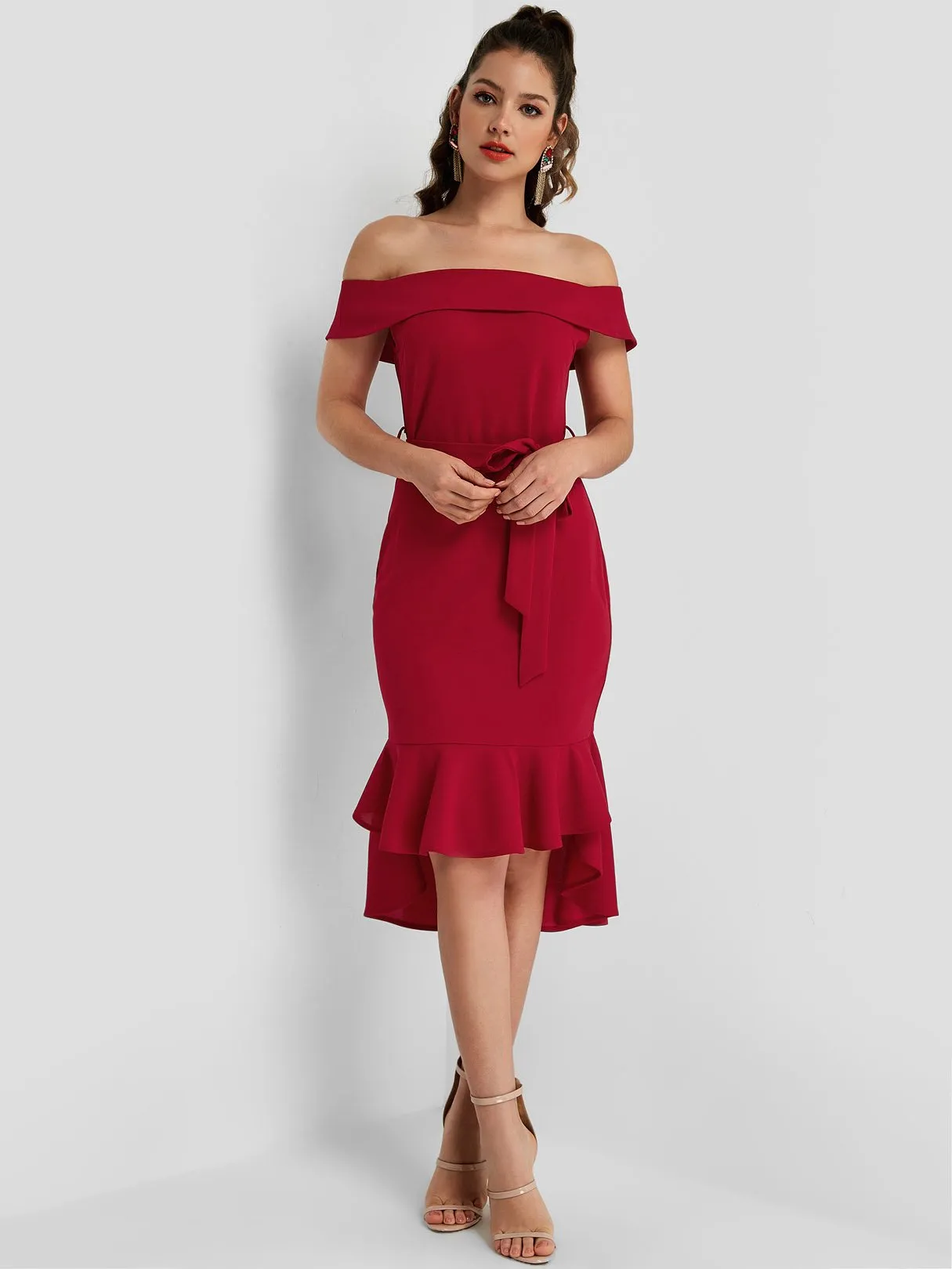 Wholesale Burgundy Off The Shoulder Belt Flounced Hem Dresses