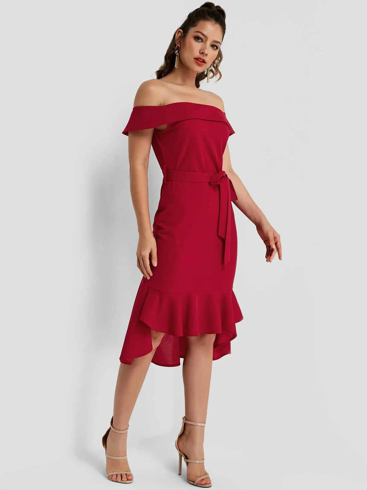 Wholesale Burgundy Off The Shoulder Belt Flounced Hem Dresses