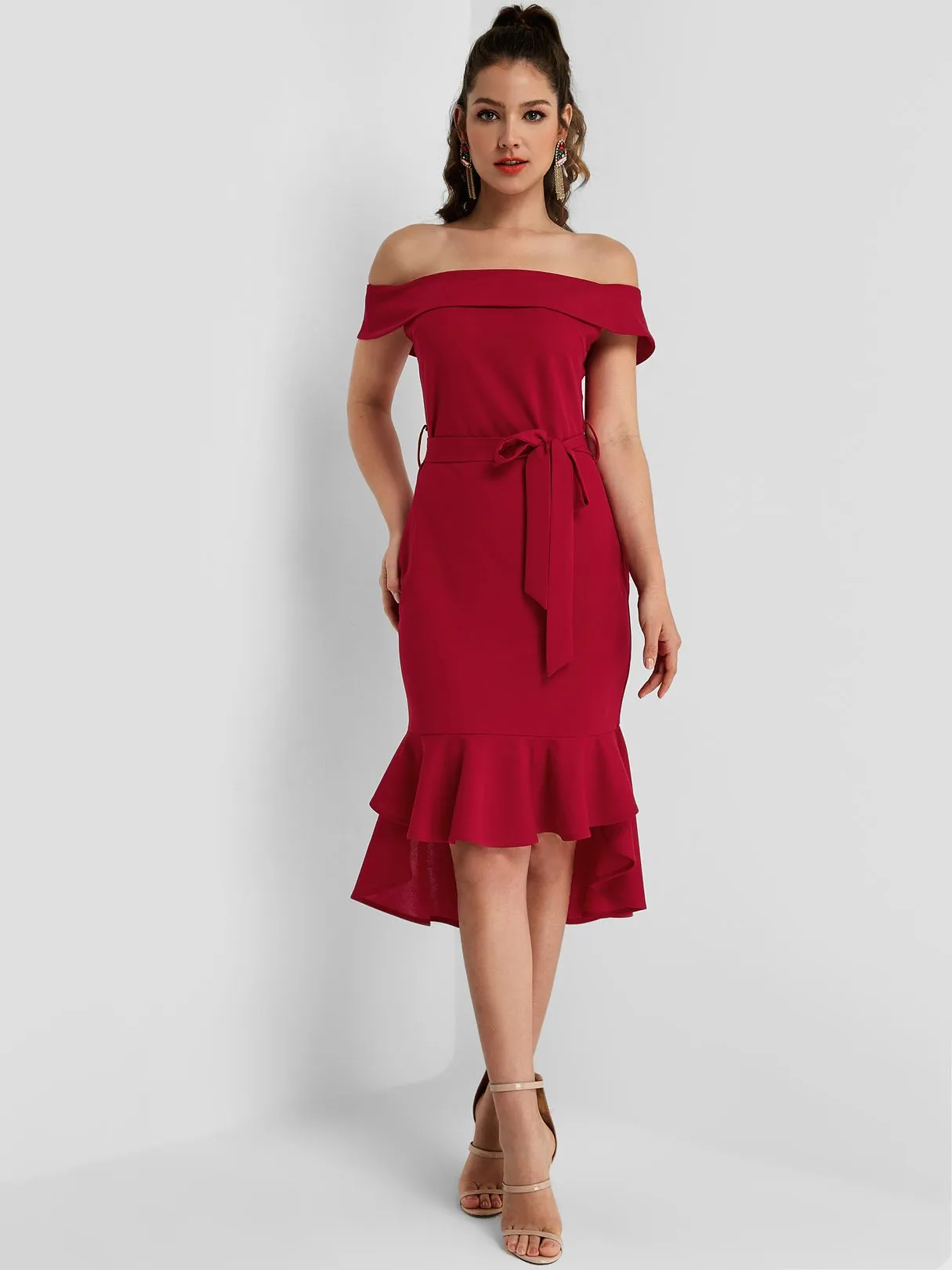 Wholesale Burgundy Off The Shoulder Belt Flounced Hem Dresses