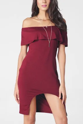 Wholesale Burgundy Off The Shoulder Short Sleeve Plain Backless Irregular Hem Dresses