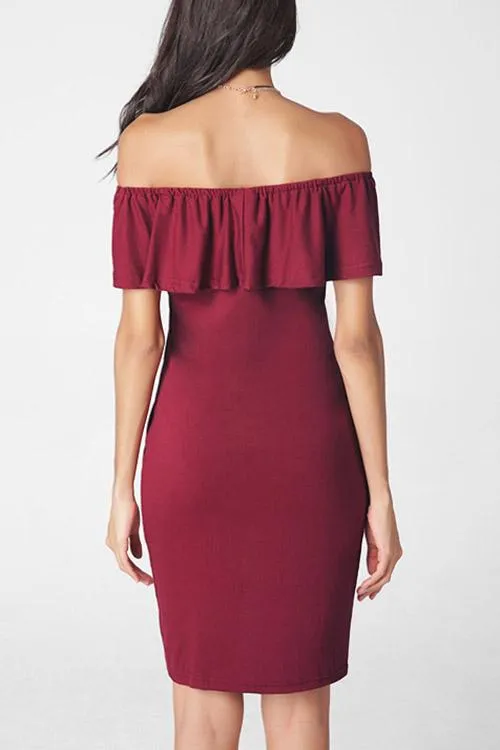 Wholesale Burgundy Off The Shoulder Short Sleeve Plain Backless Irregular Hem Dresses