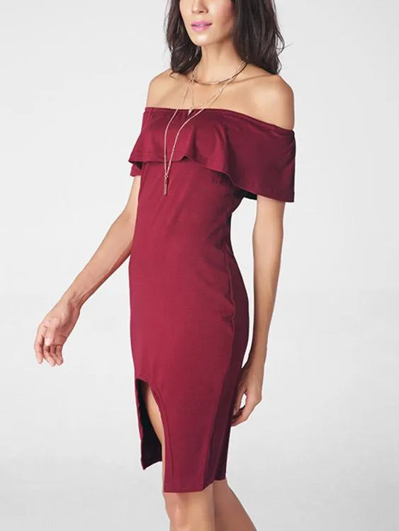 Wholesale Burgundy Off The Shoulder Short Sleeve Plain Backless Irregular Hem Dresses