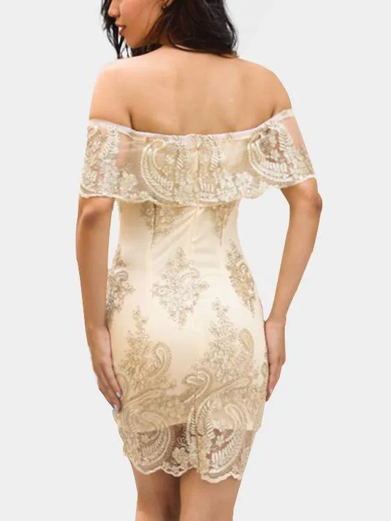 Wholesale Gold Off The Shoulder Long Sleeve Embroidered Lace Tiered Zip Back Dresses