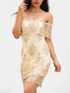 Wholesale Gold Off The Shoulder Long Sleeve Embroidered Lace Tiered Zip Back Dresses