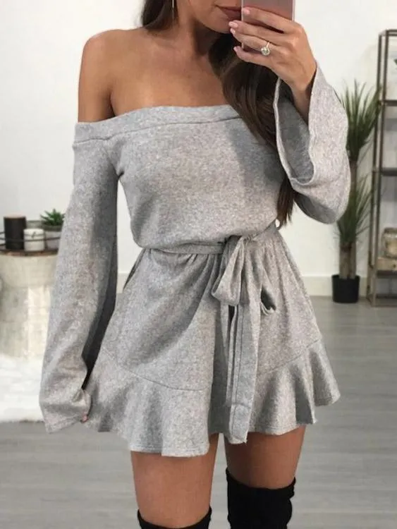 Wholesale Grey Off The Shoulder Long Sleeve Plain Dresses