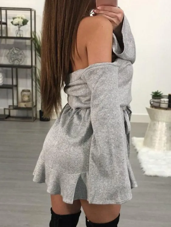 Wholesale Grey Off The Shoulder Long Sleeve Plain Dresses