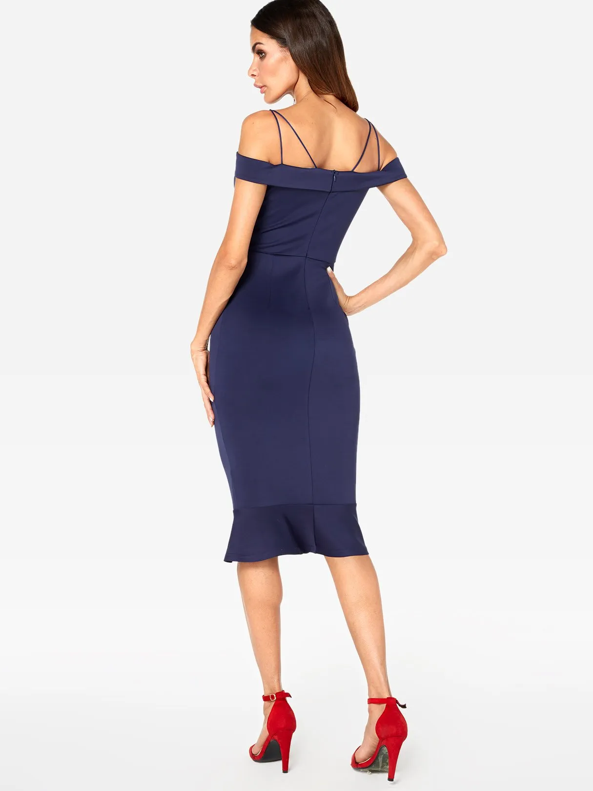 Wholesale Navy Off The Shoulder Sleeveless Zip Back Spaghetti Strap Flounced Hem Dresses