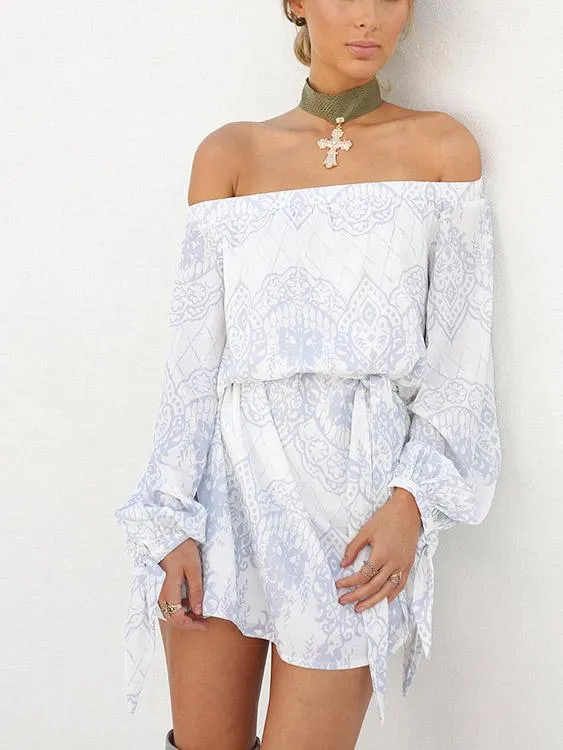 Wholesale Off The Shoulder Long Sleeve Floral Print Dress