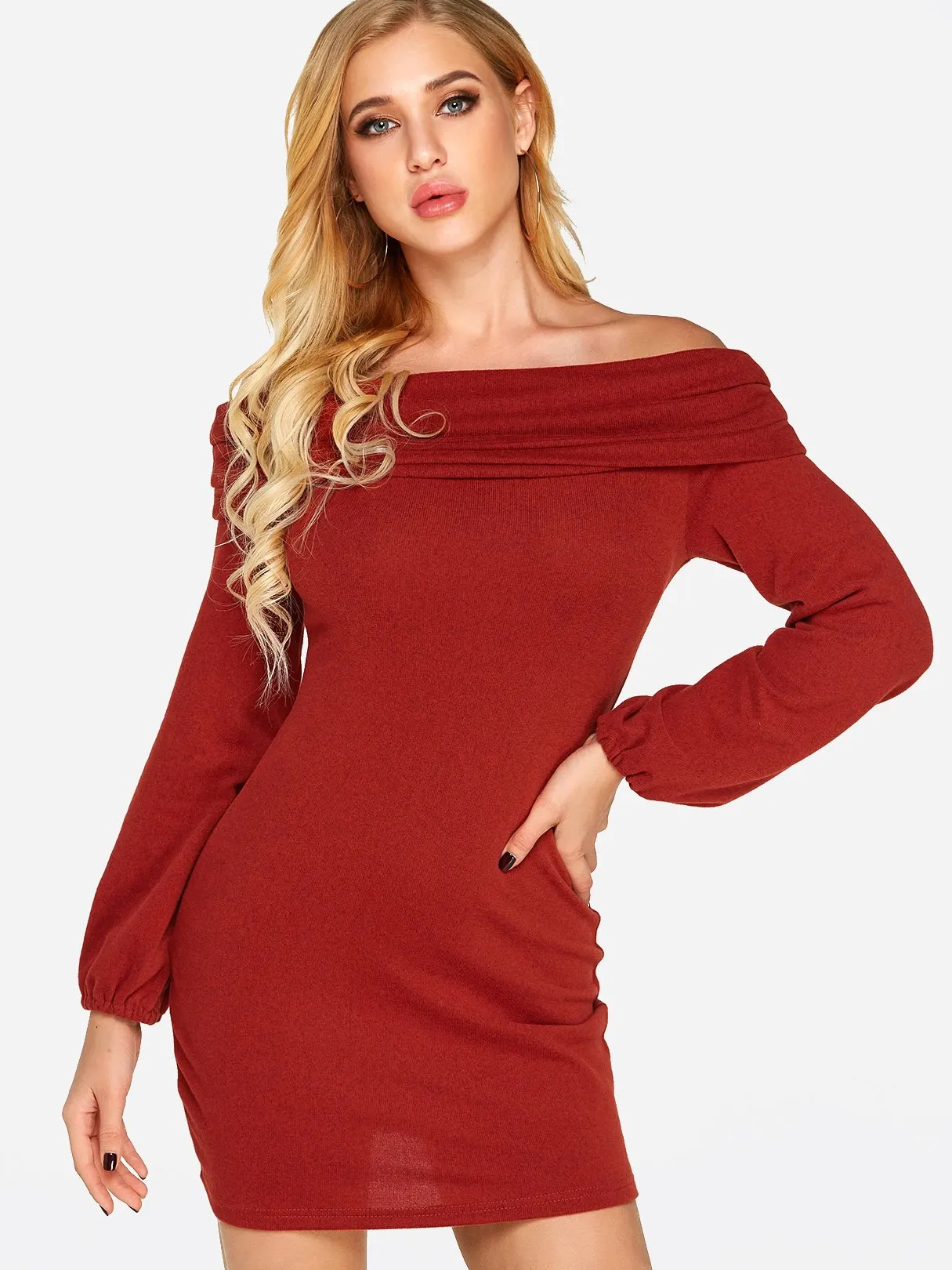 Wholesale Off The Shoulder Long Sleeve Plain Dress