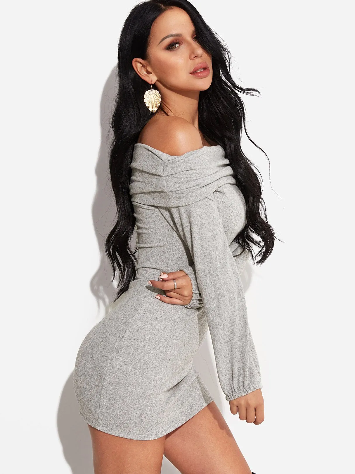 Wholesale Off The Shoulder Long Sleeve Plain Dress