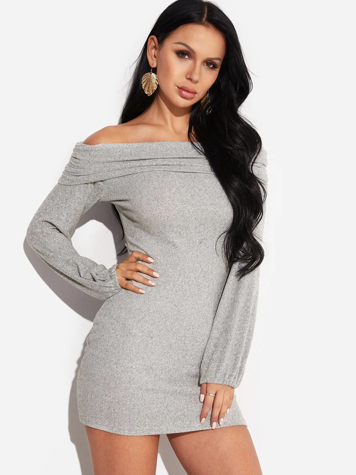 Wholesale Off The Shoulder Long Sleeve Plain Dress