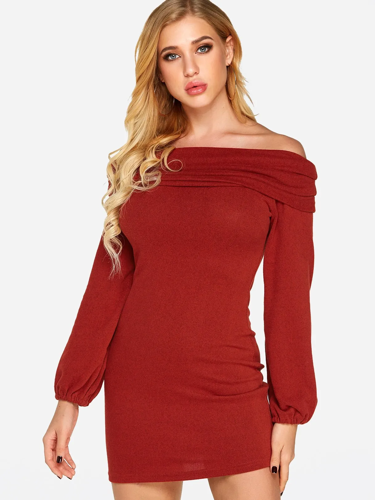 Wholesale Off The Shoulder Long Sleeve Plain Dress