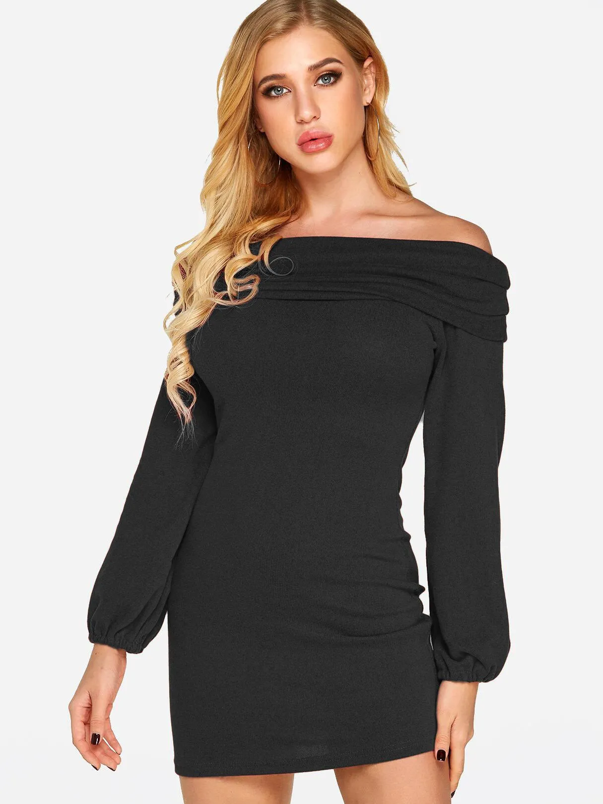 Wholesale Off The Shoulder Long Sleeve Plain Dress