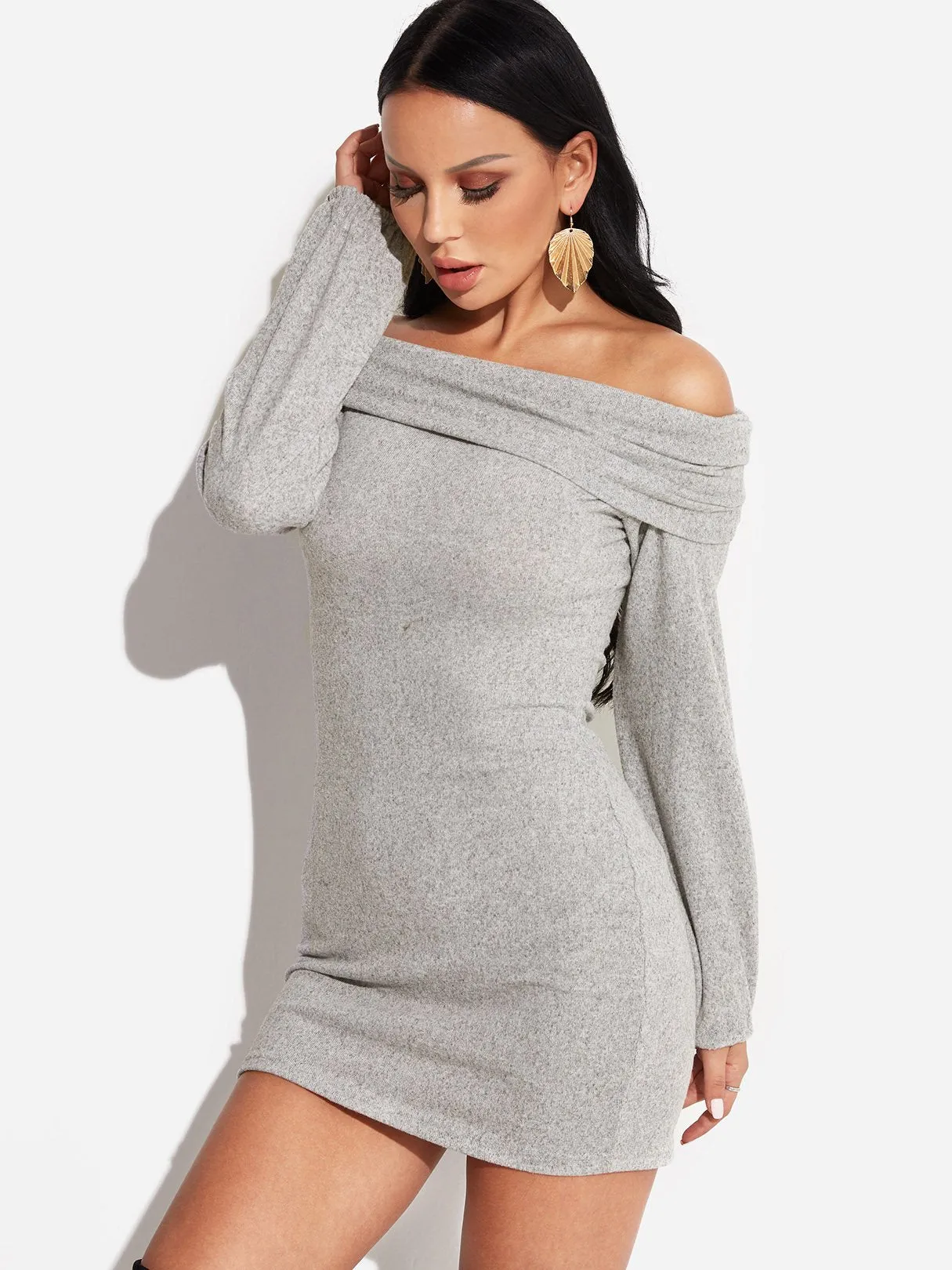 Wholesale Off The Shoulder Long Sleeve Plain Dress