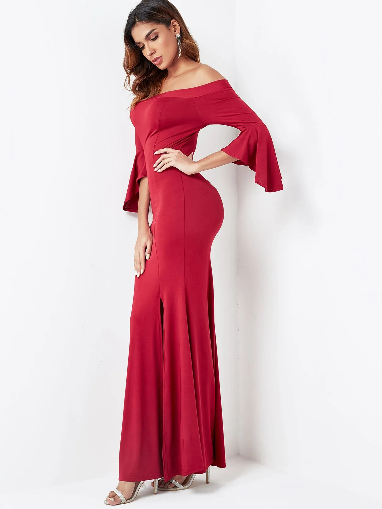 Wholesale Off The Shoulder Plain 3/4 Length Sleeve Slit Hem Burgundy Dresses