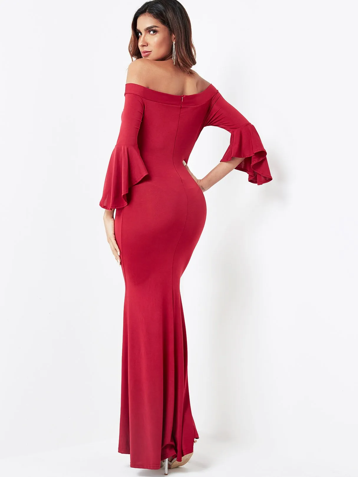 Wholesale Off The Shoulder Plain 3/4 Length Sleeve Slit Hem Burgundy Dresses