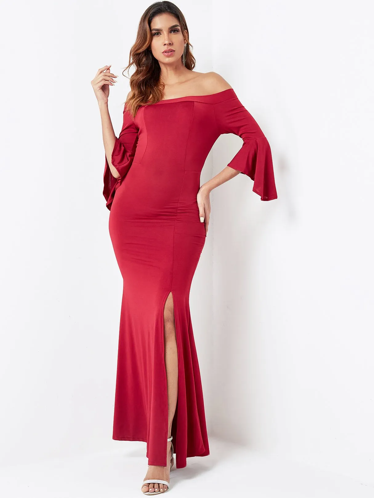 Wholesale Off The Shoulder Plain 3/4 Length Sleeve Slit Hem Burgundy Dresses