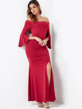 Wholesale Off The Shoulder Plain 3/4 Length Sleeve Slit Hem Burgundy Dresses