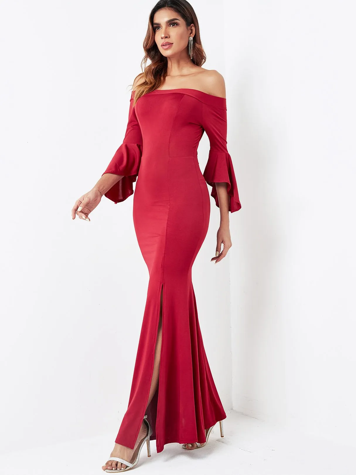 Wholesale Off The Shoulder Plain 3/4 Length Sleeve Slit Hem Burgundy Dresses