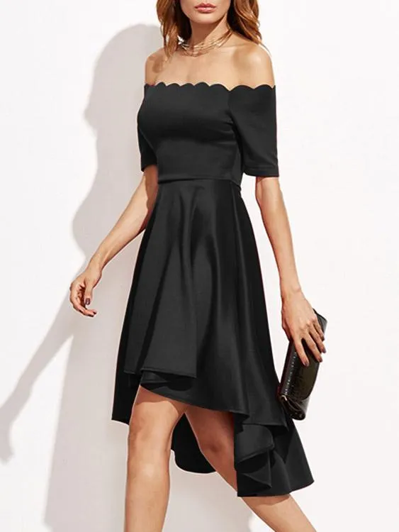 Wholesale Off The Shoulder Short Sleeve Irregular Hem Black High Waist Dress