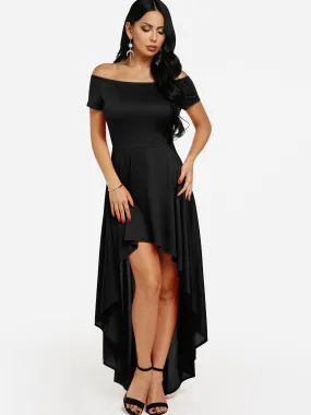 Wholesale Off The Shoulder Short Sleeve Zip Back High-Low Hem Dresses