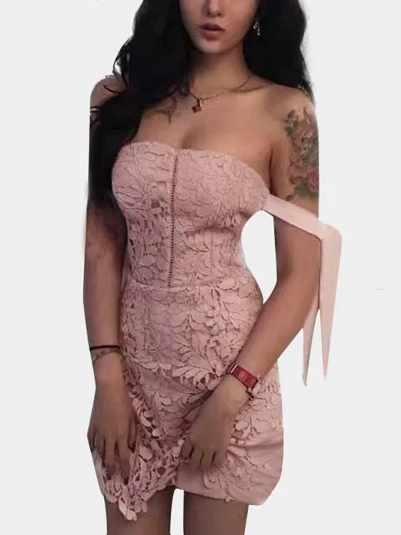 Wholesale Pink Off The Shoulder Sleeveless Lace Dresses