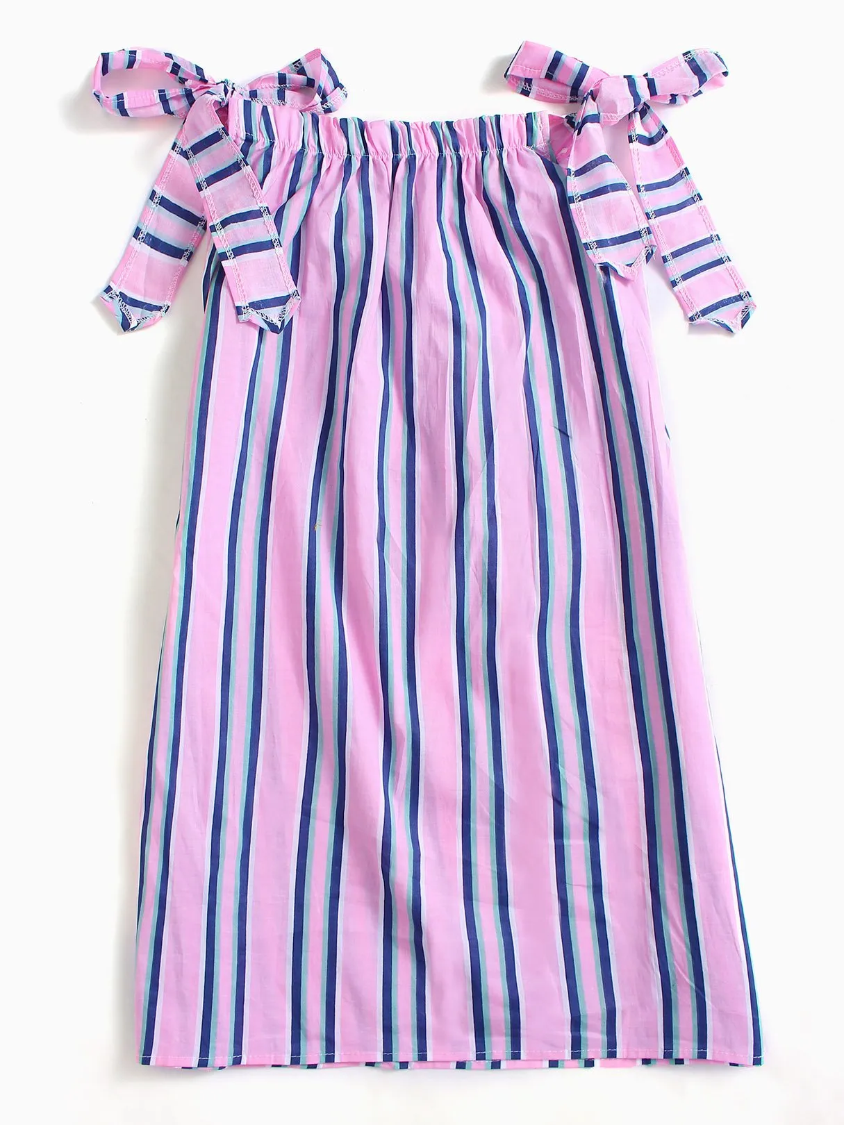 Wholesale Pink Off The Shoulder Sleeveless Stripe Self-Tie Bowknot Dress