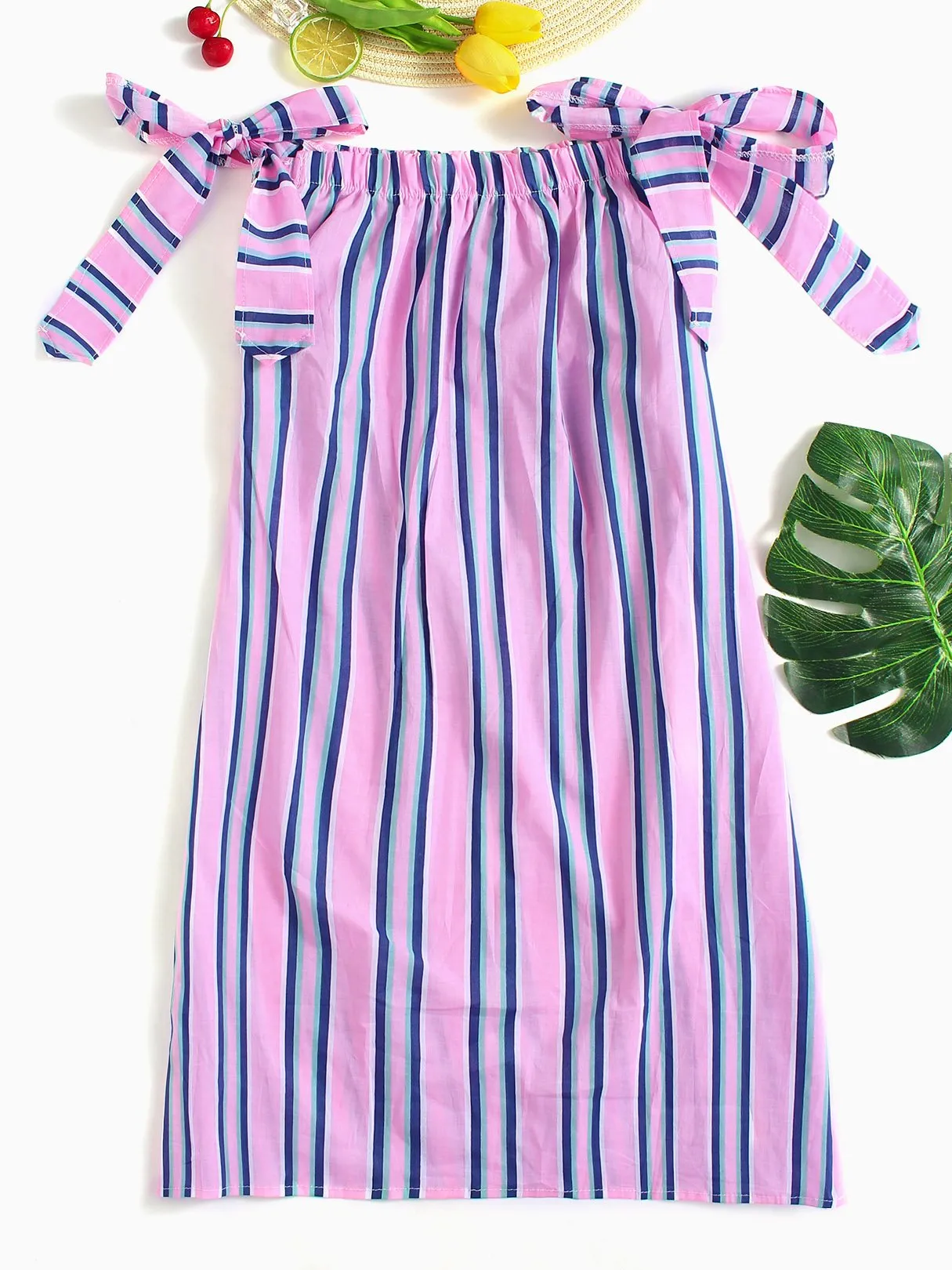 Wholesale Pink Off The Shoulder Sleeveless Stripe Self-Tie Bowknot Dress