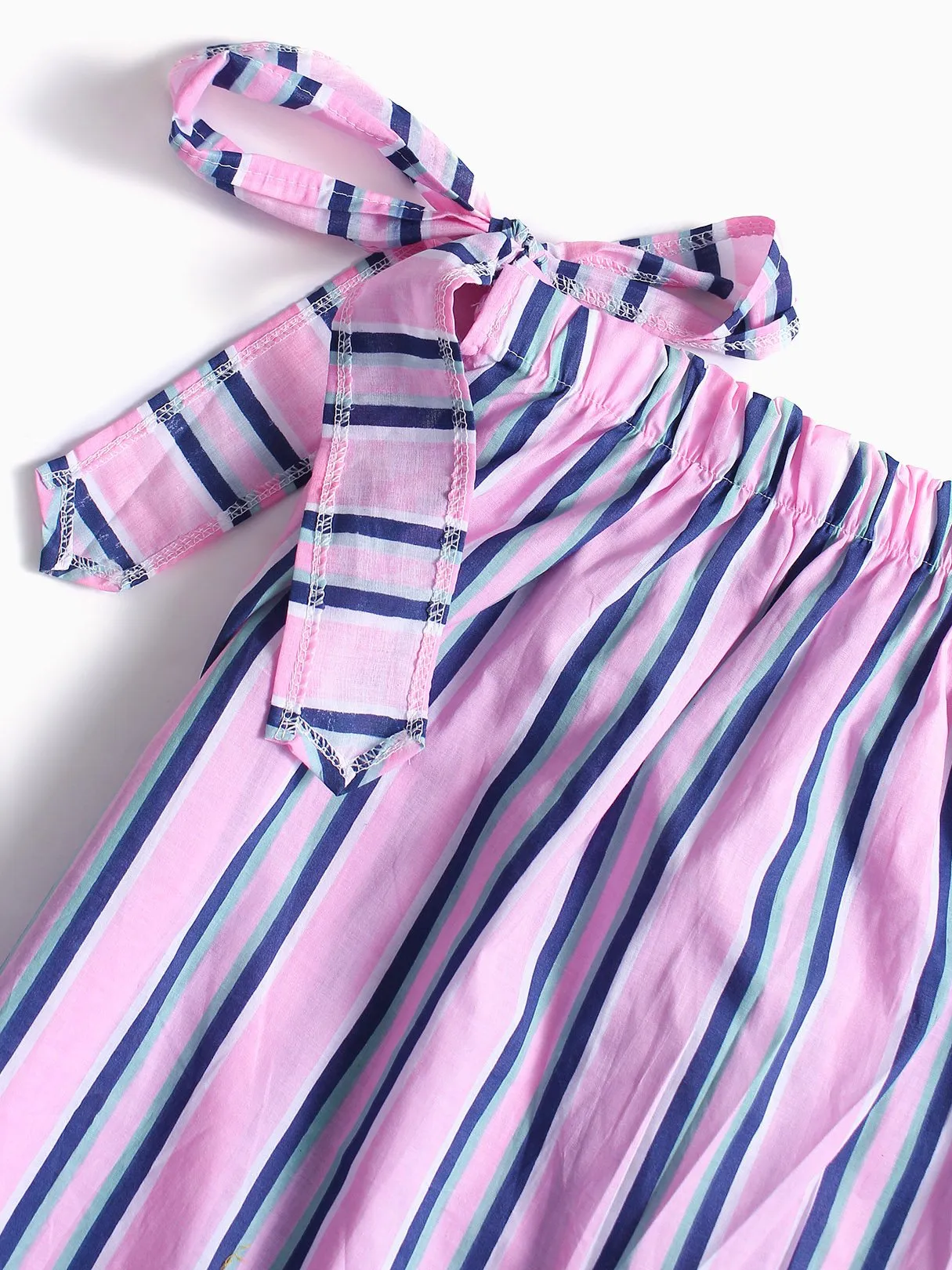 Wholesale Pink Off The Shoulder Sleeveless Stripe Self-Tie Bowknot Dress