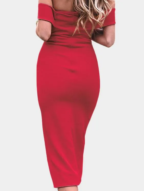 Wholesale Red Off The Shoulder Slit Hem Dresses