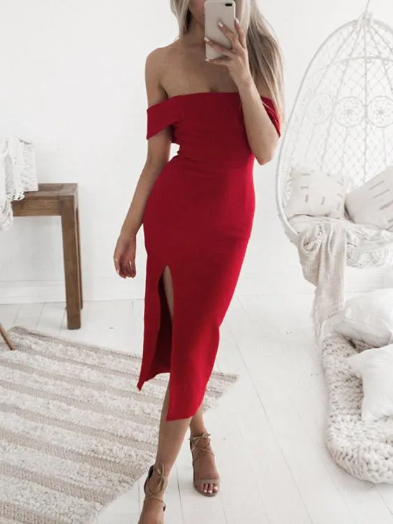 Wholesale Red Off The Shoulder Slit Hem Dresses