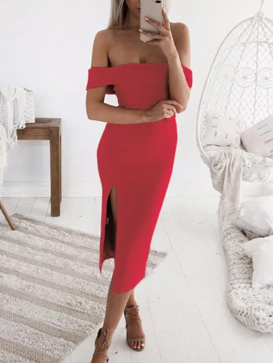 Wholesale Red Off The Shoulder Slit Hem Dresses