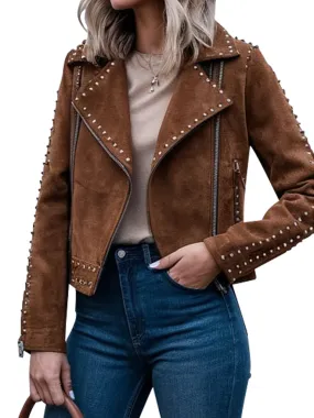 Women's Brown Suede Studded Moto Jacket