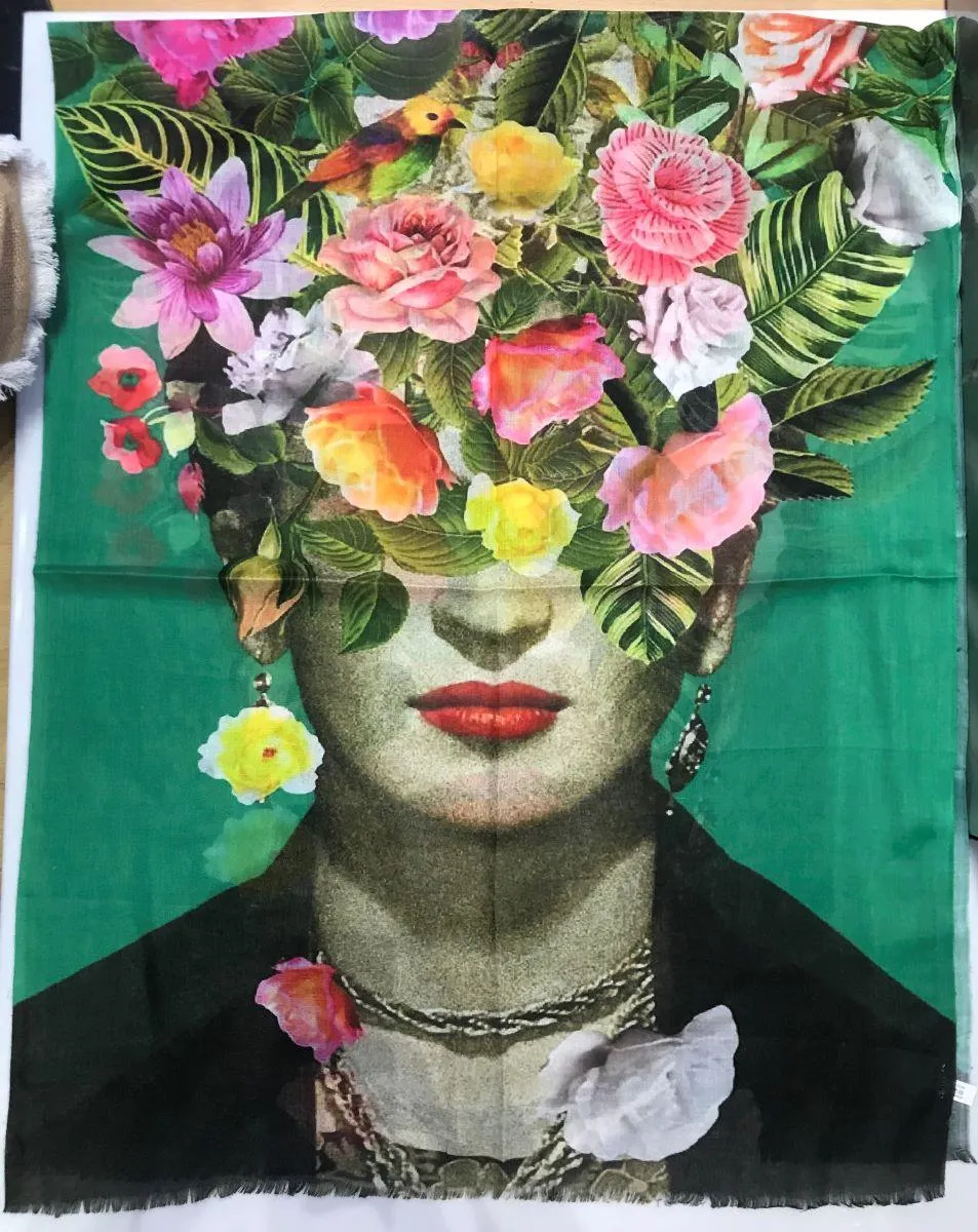 Zura Frida Kahlo 100% Cotton Scarf - Green Flowers