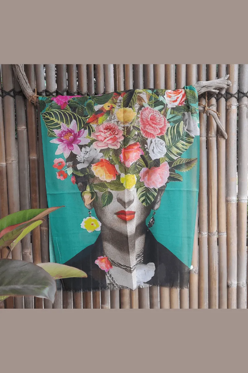 Zura Frida Kahlo 100% Cotton Scarf - Green Flowers