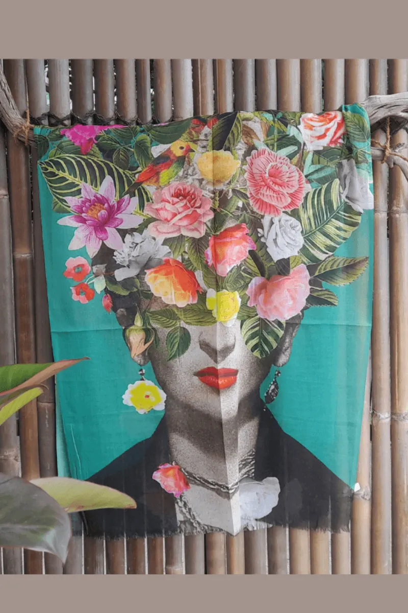 Zura Frida Kahlo 100% Cotton Scarf - Green Flowers