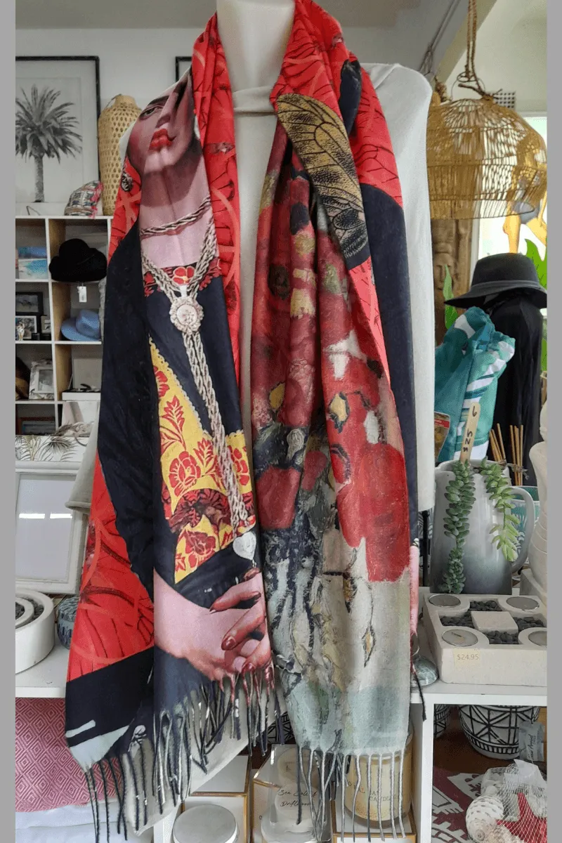 Zura Frida Kahlo Reversable Wool Scarf - Pink Flowers